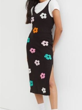 H&M Black Knit Midi Dress with Multicolor Floral Appliqués